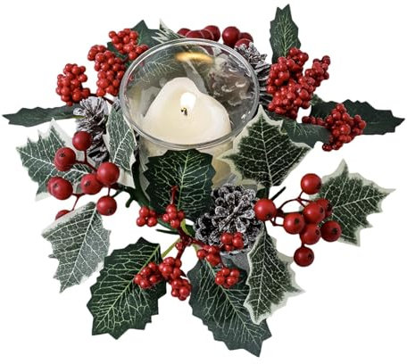 Kerzenringe für Weihnachtskerzen | Weihnachtskranz für Küchenschränke mit künstlichen roten Beeren | Ringe für künstliche Kerzen mit roten Beeren | Kerzengirlande | T-Dekoration