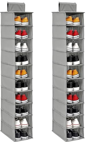 NIHUIFDPY 2PCS Hanging Shoe Storage,10 Pockets Hanging Shoe Rack, Heavy Duty Non-Woven Shoes Organizer, Foldable Space Saving Shoes Storage Shelf Clothes Hat Handbag Holder for Bedroom Wardrobe(2pcs)