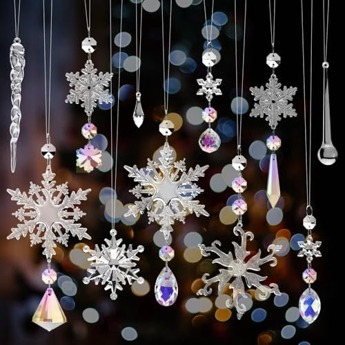 Feelhap 24 Piezas Decoración Navideña Adornos del Árbol de Navidad de Cristal, Adornos Navidad de Carámbano Copo de Nieve Transparente, Decoraciones Colgante Acrílico Colgante para Árbol de Navidad