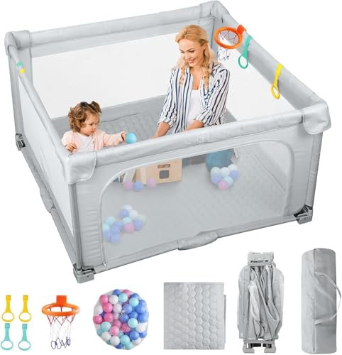 eSynic Corralito Bebé Portátil 127x127cm, Parque Infantil Plegable con Alfombrilla + 50 Bolas, Canasta Baloncesto, Malla Transpirable, 4 Agarraderas y Bolsa Transporte - Juegos Seguros para Bebés