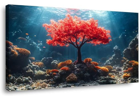BOHUO Rosso, blu Quadro Albero della vita Stampa su Tela XXL, Albero dell'oceano Quadri Murale Moderno Grafica Decorazioni da Parete Pittura Decori-60x120cm Incorniciato