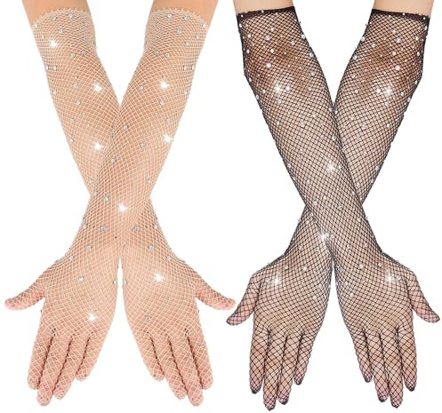 Celiodd 2 Paar Spitzenhandschuhe Schwarz,Netzhandschuhe Schwarz,Halloween Netzhandschuhe Schwarz,Glitzer-Strassstein Spitzenhandschuhe,Geeignet für 80er-Jahre-Kostümparty-Cosplay-Zubehör
