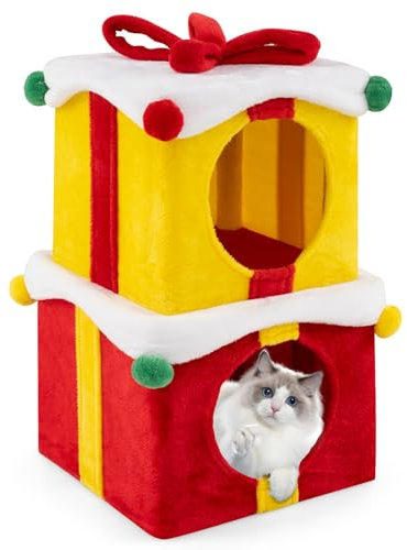 SOARS Katzenhöhle Weihnachten 2 Stück, Katzenbett Hundebett Weihnachtsbox Design, Katzenmöbel mit Fellbällchen und Schleife, Katzenschlafplatz für Drinnen