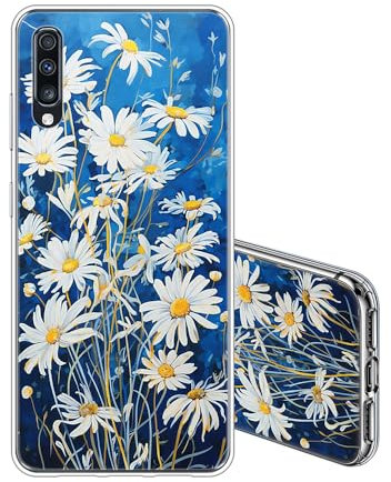 JEZSTHAI Hülle für Samsung Galaxy A70 Silikon Transparente Handyhülle,Stoßfeste Kratzfeste Anti-Gelb Weiche Dünne TPU Rückseite Schutzhülle für Damen,Daisy Blumen