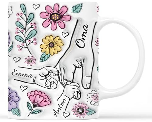 Geschenke Mall Personalisierte Oma, Mama Und Enkelkinder Blumen Hand In Hand Tasse - Personalisierte Geschenke für Mama, tasse mama, muttertag geschenk, geschenke für oma, ostern oma (Modell #2)