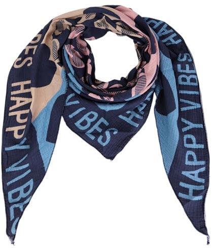 Damen Musselin Halstuch Made in Italy mit Leo Love Happy– Leichtes Dreieckstuch für Frühling & Sommer, Baumwolle, ca.195x85 cm (Happy Navy)