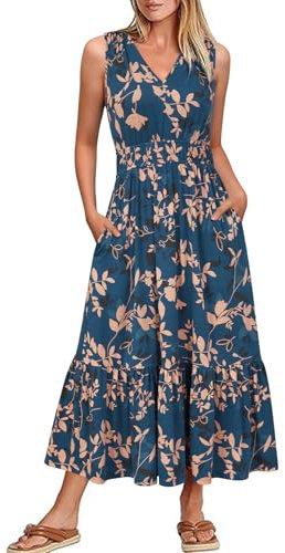 Newshows Summer Dresses for Women UK V Neck Sleeveless Midi Casual Vacation Sundress with Pockets(Dark Green Floral Apricot,L)
