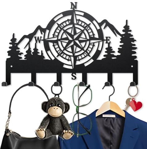 MAYJOYDIY Kompass Schlüsselhaken Aus Metall 40×25cm Bergwälder Design Schlüsselaufhänger für Wand Vintage Schlüssel Organizer Rack Mit 6 Haken Für Küche Eingangsbereich Flur Tür Veranda