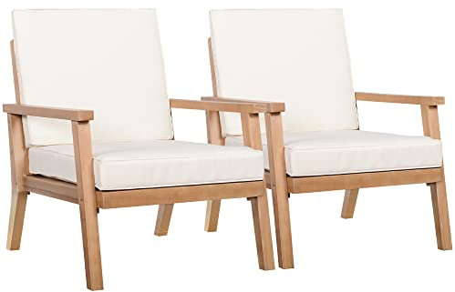 Outsunny 2er-Set Gartenstühle mit Kissen Gartenstuhl Set Gartensessel aus Pappelholz Gartenmöbel Terrassenstuhl Holzstuhl Balkonstuhl 66 x 77,5 x 74,5 cm Braun+Beige