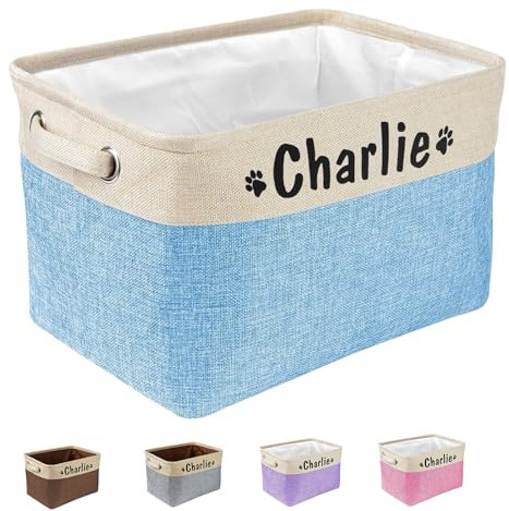 Personalised Dog Toy Box Storage Basket with Handles, Custom Pet Name Collapsible Storage Bin for Dog Toys, Food, Clothes & Accessories, Large 15x11x9 Organiser Basket in 5 Stylish Colours - Pink