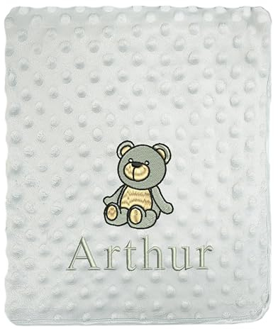 JJLC Personalised Baby Bobble Blanket Embroidered Bear & Name Soft Fleece Wrap (Grey Bobble)