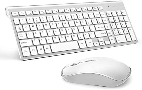 J JOYACCESS - Teclado y mouse inalámbricos, teclado inalámbrico delgado con teclado numérico compatible con iMac, Mac, PC, laptop, tableta, computadora y ventanas (blanco plateado)