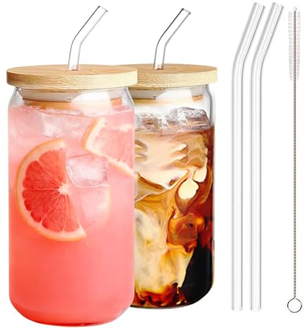 Ausune Gläser mit Deckel und Strohhalm 2 Stück, 16oz/500ml Eiskaffee Gläser, Cocktailgläser, Iced Coffee Glas, Trinkgläser mit Deckel und Strohhalm für Bubble Tea, Cola, Biergläser, Camping, Party