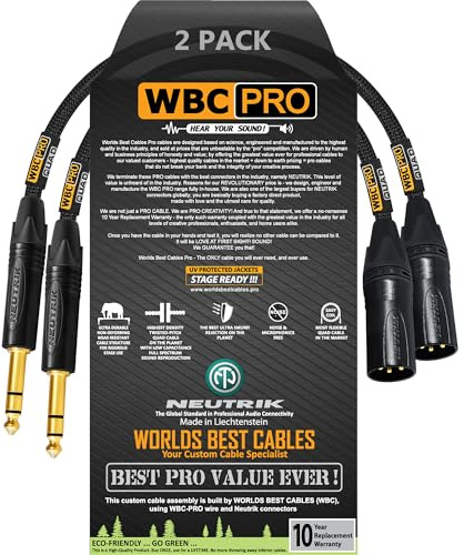 WBC-PRO-Quad Lot de 2 câbles XLR vers TRS ultra silencieux et ultra flexible avec fiches dorées Neutrik NC3MXX-B mâle XLR et NP3X-B stéréo TRS droites en tweed Noir 15,2 cm