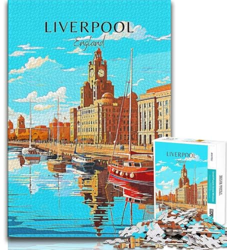 England Liverpool Reise-Puzzle für Erwachsene 1000 Teile, Familienspiel zum Stressabbau, schwierige Herausforderung, tolle Geschenke und Spielzeuge, 38x26cm