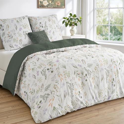 Duvetnova Blumen Bettwäsche 155x220 2teilig Frühling Sommer,Bettwäsche Grün Grüne Aesthetic Superweiche,ÖKO-TEX Bettwäsche-Sets 1 Bettbezug 155x220 + 1 Kissenbezuge 80x80 -alle mit Reißverschluss
