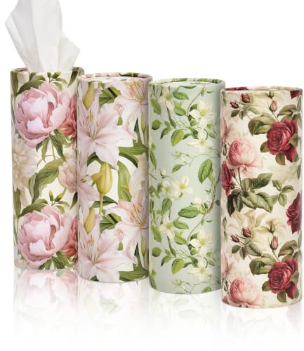 4pack Car Tissues Holder with Facial Tissues Vintage Rose Peony Orchid | Car Tissues Box Round Container, Tissue Box for Cars, Floral Tissue Tubes, Tissue Box Holder for Cafes, Home, Offices, Travel