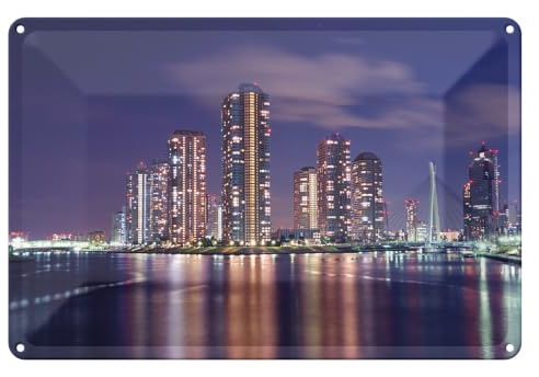 Wallario Blechschild Wandbild aus Metall Tokyo- Skyline bei Nacht - 20 x 30 cm in Premium-Qualität: Brillante Farben