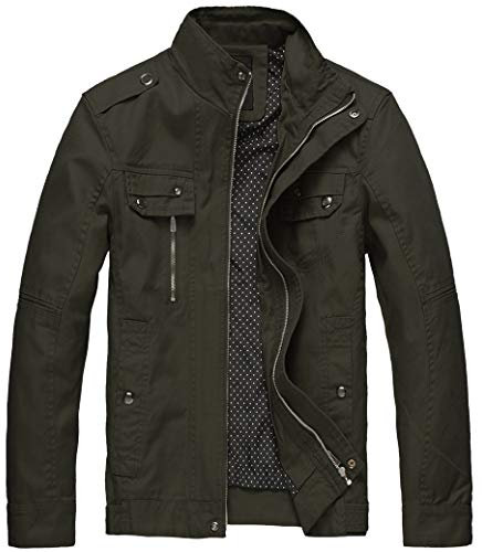 Wantdo Homme Veste Classique Veste Militaire Casual Veste Saharienne Cargo Manteau Zippé Coupe-Vent Décontracté Blouson en Coton Automne Vert Militaire M