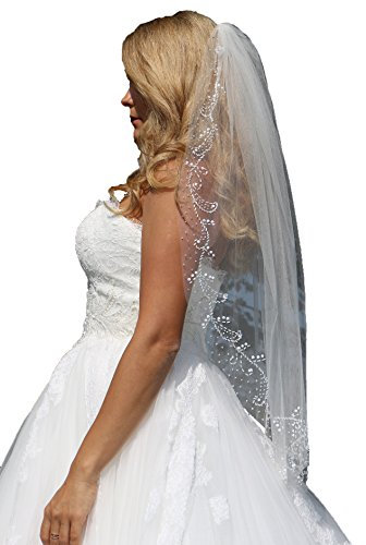 Unbekannt Schleier Brautschleier 1 Lage mit Kamm Strass Perlen Umrandung Hochzeit Braut Weiß Ivory 90 cm (Weiß)