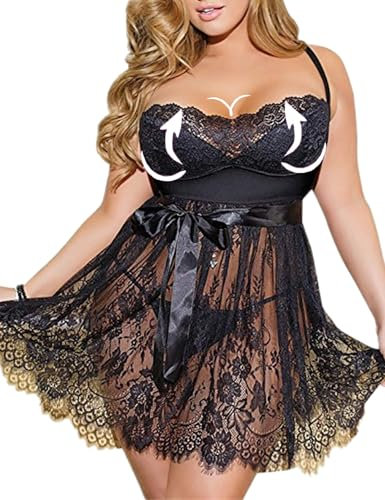 ohyeahlady Negligee Damen Sexy Große Größe XXL Babydoll Dessous für Mollig Frauen Reizwäsche Curvy Spitze Unterwäsche Elegant Lingerie Kleid Nachtwäsche Nachthemd Schlafhemd Übergroße Schwarz,XXL