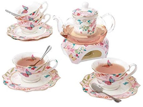 YBK Tech Bone China Coffee Pot Teapot Cup& Saucer Set with Warmer and Tea Infuser - Butterflies Design (Tea for 4)
