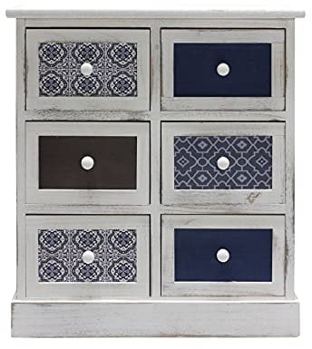 Rebecca Mobili Mesita de Noche Cajonera Blanco Gris Azúl Madera 6 Cajones Shabby Cocina Salón - 59,5 x 55,5 x 25 cm (A x AN x FON) - Art. RE6083