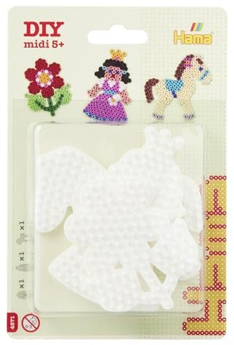Hama Perlen 4571 Kleine Stiftplatten 3er Set für Midi Bügelperlen mit Durchmesser 5 mm, Motive Pony, Blume und Prinzessin in weiß, kreativer Bastelspaß für Groß und Klein