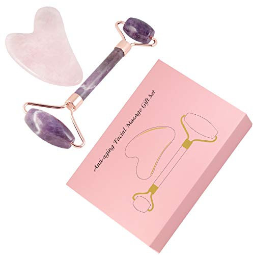 mookaitedecor Rouleau de Améthyste Massager Facial et Gua Sha Quartz Rose Ensemble,Pierre Roller Massage pour Visage, Cou, Corps et Yeux