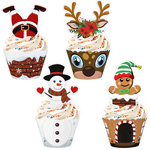 Adornos y envoltorios para cupcakes de Navidad, suministros para fiestas, 36 juegos/72 piezas para decoración de postres para cupcakes para Navidad, muñeco de nieve, Papá Noel, reno, hombre de