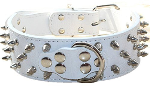 haoyueer Pitbull Hundehalsband, Leder, mit Nieten, 5,1 cm breit, stilvolles Leder-Hundehalsband für mittelgroße und große Hunde, Größe XL, Weiß