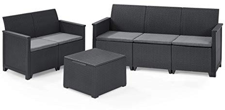 Lounge-Set 3-TLG. bestehend aus: 3er Sofa, 2er Sofa und Kissenbox Tisch - stilvolle Sitzgruppe in Rattan Optik - inklusive Sitzkissen - ergonomische Rückenlehnen für maximalen Sitzkomfort