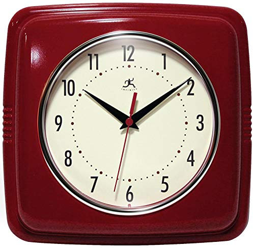 Infinity Instruments, quadratische, stille Retro-Wanduhr, 22,9 cm, Mitte des Jahrhunderts, Moderne Küche, Esszimmer, Retro-Wanduhr, Quarz-Uhrwerk, (Rot)