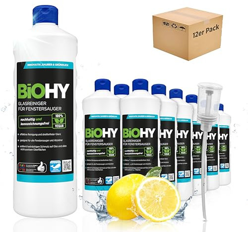 BiOHY Glasreiniger für Fenstersauger (12 x 1 Liter) + Dosierer | Fensterreiniger Konzentrat für alle Fenstersauger | Bio Reinigungsmittel sorgt für streifenfreien Glanz | Glasreiniger