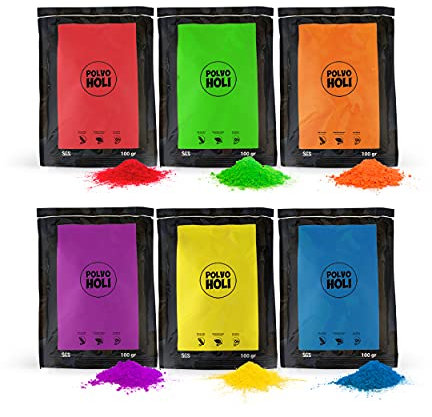 POLVO HOLI - Packung 600 g Pulver Holi - 6 Beutel à 100 g. - 6 Farben