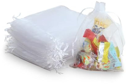 Jedebartey Weiß Organzasäckchen 20 Stück, 13 x 18 cm Silber Folie Muster Kordelzug Organza Säckchen Schmuckbeutel Geschenkbeutel für Baby Show Hochzeit Geburtstagsparty Schmuck