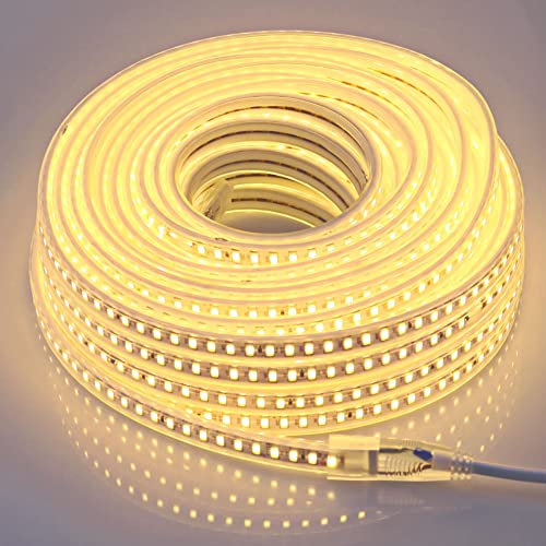 pcning 20M LED Strip 230V Direktanschluss 3000K Warm Weiss Streifen, SMD 5730 120 leds/m IP67 Wasserdicht Stripes Band 20 Meter (Warmweiß, 20.00)