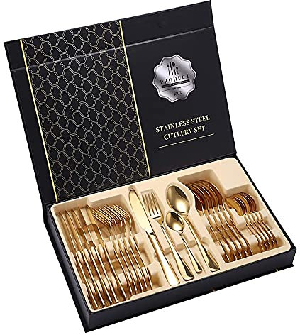 uego de cubiertos, acero inoxidable con titanio chapado en oro, juego de cubiertos de color dorado, juego de cubiertos, juego de cubiertos (Oro, 24)