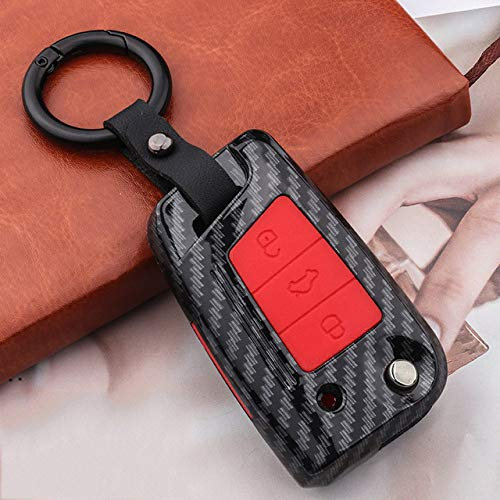 WSWJDW Silikon Carbon Autoschlüssel Hülle Schlüsselbund Ring Schlüsseltasche, passend für Volkswagen VW Golf 7 MK7 Seat Ibiza Leon FR 2 Altea Aztec Skoda Octavia,B,Carbon rot