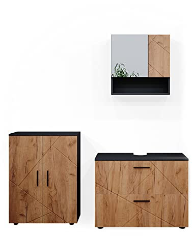 Vicco Ensemble de Meubles de Salle de Bain Irma, Anthracite/Chêne, 3 pièces, avec Armoire Basse 80 cm