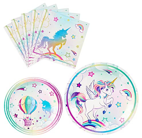 WERNNSAI Unicorn Party Plates and Napkins - Rainbow Unicorn Party Supplies for Girls Disposable Dinner Dessert Plates Napkins Tableware Set Serves 16 Guests 48 PCS