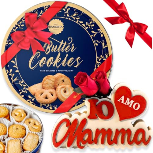 Regalo Festa della Mamma 2025 - Biscotti Danesi Al Burro Butter Cookies 454g - Decorazione Legno Amo Mamma + Rose Rosse (Mamma)