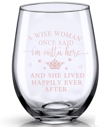 JUWNMANT Retirement Gifts for Women, A Wise Woman Once Said I'm Outta here and SHE Lived Happily Ever After Stemless Wine Glasses, Funny Resignation Gifts for Colleagues, Funny Wine Glasses for Women
