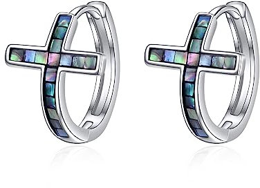 YFN Kreuz Reif Ohrringe Sterling Silber Abalone Schale Kreuz Reif Ohrringe Religiöser Schmuck Christen Geschenke für Damen Herren