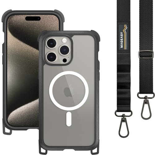 MAGEASY Phone 15 Pro Max Crossbody-Schutzhülle mit Band Odyssey M + Riemen, strapazierfähig, 4,8 m Fallschutz, 17 cm, mit Umhängeband, kompatibel mit MagSafe, eingebetteter Lederrahmen