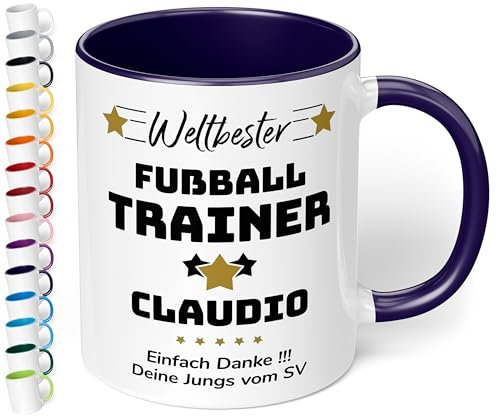 True Statements Geschenk für Trainer: Keramik-Tasse „Weltbester Trainer“ personalisiert mit Sportart, Namen und Wunschtext – Kaffeebecher 330ml. - Fußball Handball (Kobaltblau)