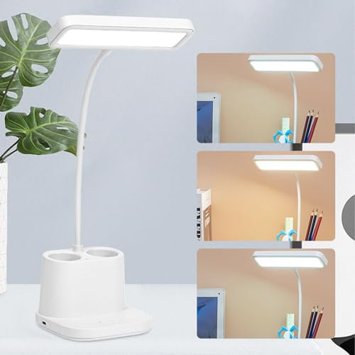 SPORWAY Lampada da Scrivania LED, Lampada da Tavolo Batteria Ricaricabile 4000mAh con Portapenne e 360° Cigno Flessibile, Lampada Scrivania Bambini con Porta di USB, 3 Modalità di Luminosità, Bianco