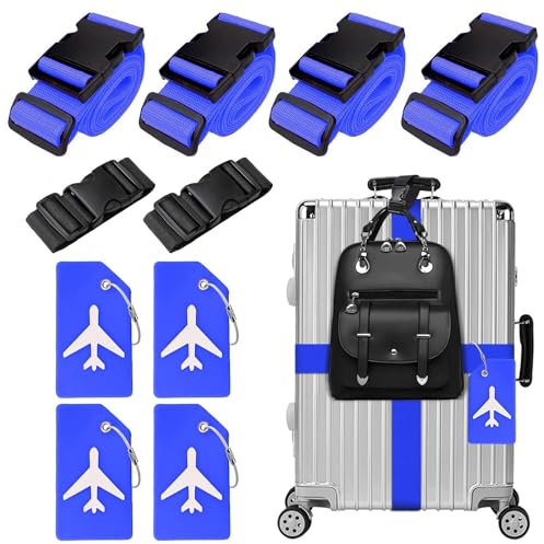 4 Stück Koffergurt & 4 Stück Kofferanhänger & 2 Stück Fügen Sie Eine Tasche Gepäckgurte Hinzu, Kofferband Gurt, Einstellbare Kofferbänder, Auffällig Luggage Strap für Koffer (Blau)
