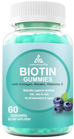 Biotin Gummies with Collagen, Keratin, Biotin 5000mcg, Vitamin A, C, D, E, B6, B12, and more - Supports Healthier Hair, Skin & Nails - 60 Delicious Raspberry & Blueberry Flavored Gummies