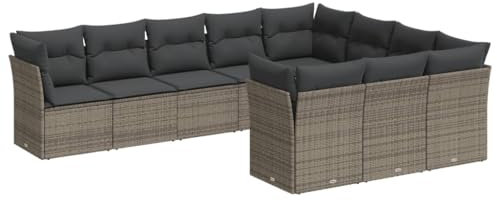 vidaXL Garten Sofagarnitur mit Kissen 10-TLG., Gartenmöbel Gartengarnitur, Sitzgruppe Sitzgarnitur, Lounge Sofa Garnitur Terrasse, Grau Poly Rattan